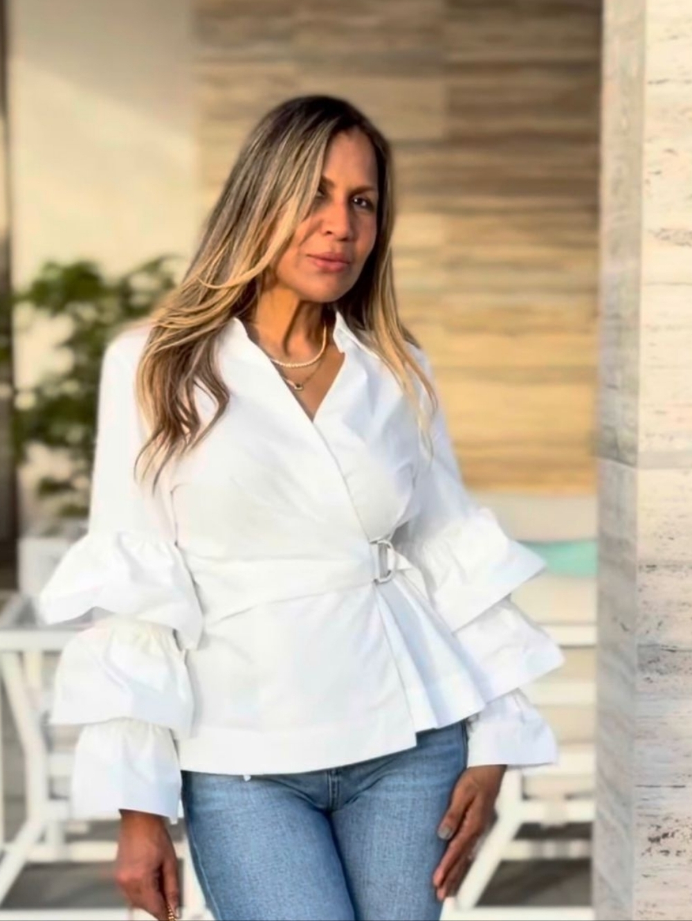 Gracia's Women’s White Ruffle-Sleeve Wrap Top